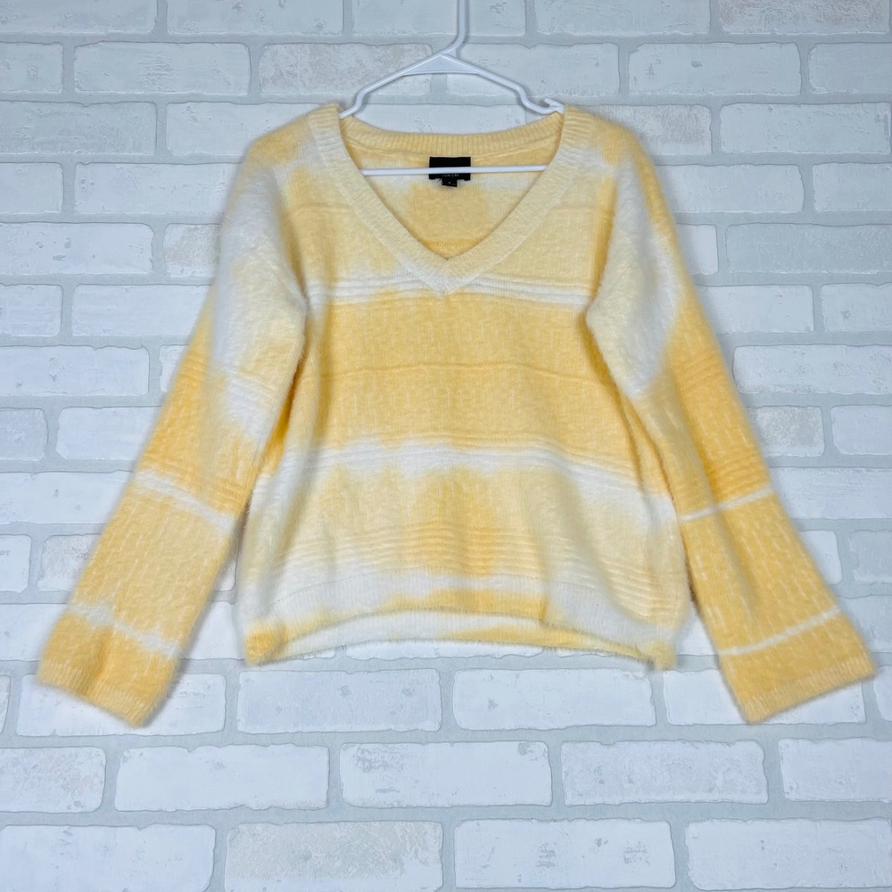 Lumiere Womens Yellow White Tie Dye Fuzzy V-Neck Sweater Size S